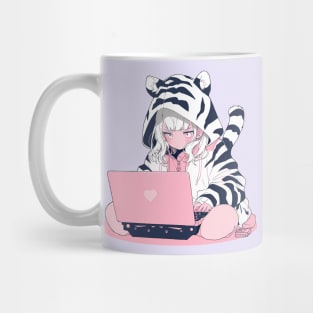 A cute girl in pajamas is working on a laptop Mug